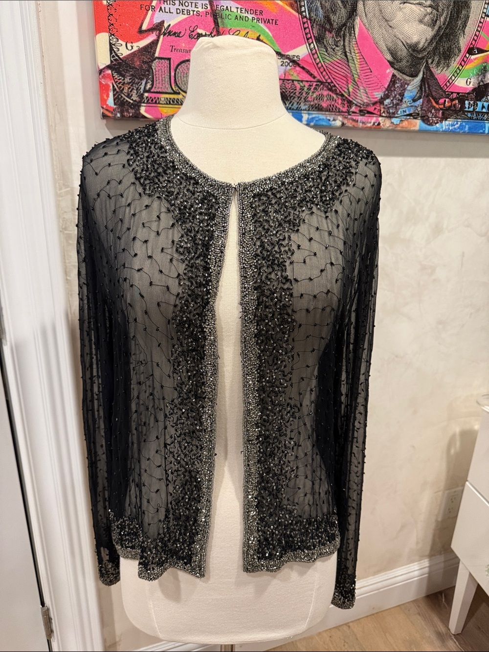 Vintage Sheer Beaded Black Evening Blouse